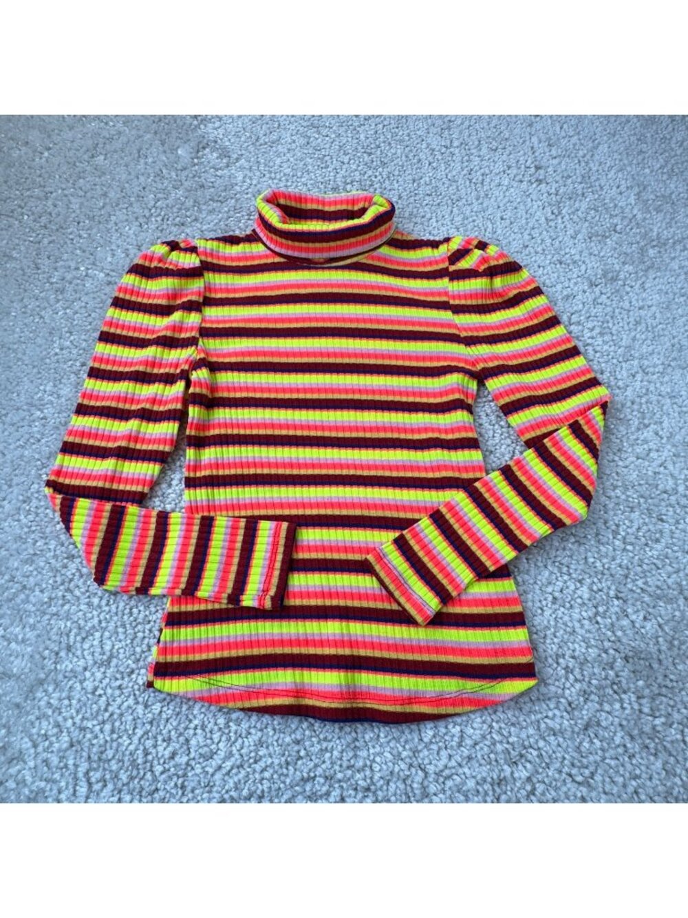 Anthropologie Maeve Striped Bright Neon Turtleneck Puff Sleeve Top Womens Medium